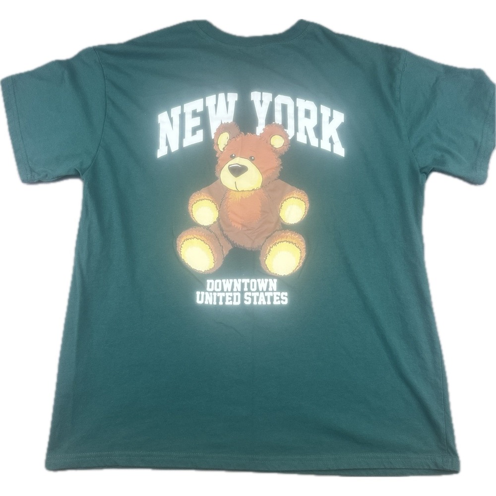 Unisex New York NYC Downtown Teddy Bear Graphic T-Shirt Large Green Short Sleeve
